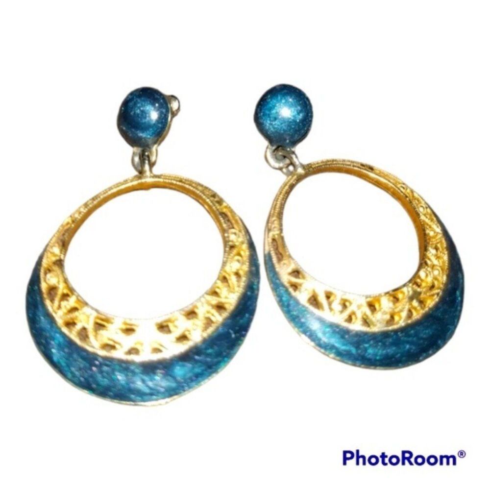 Vintage Gold & Blue Glitter Half Moon Shaped Earrings
